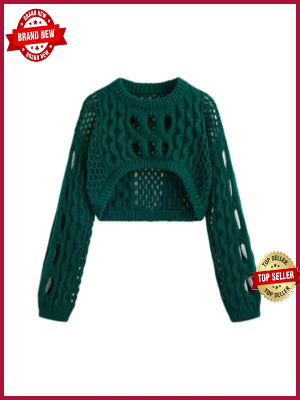 Cropped Knit Sweater with Hollow Out Design Long Sleeve Crew Neck Oversized Fit